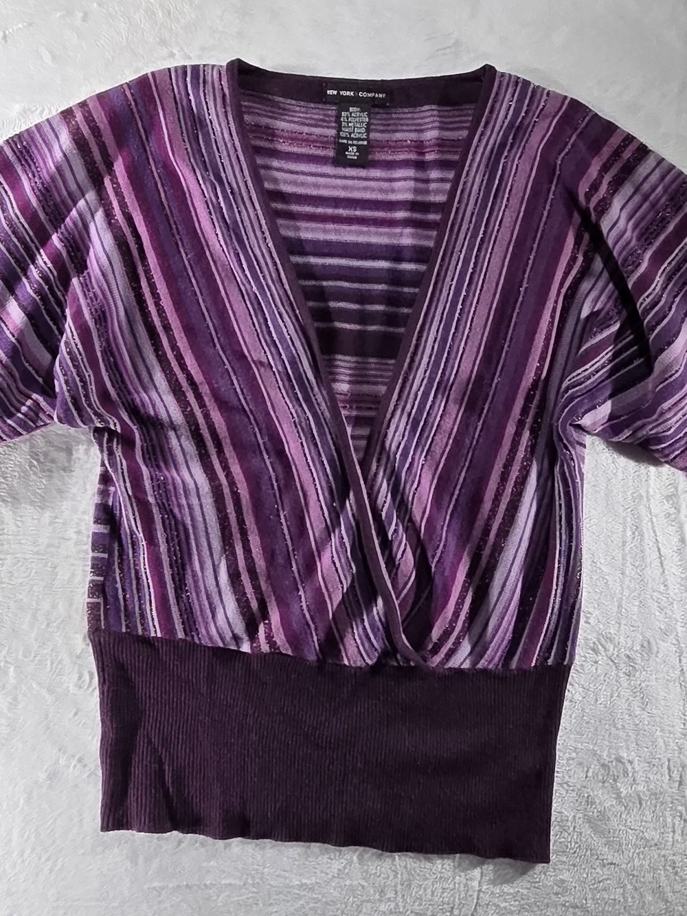 New York & Company Women's XS Purple Striped V-Neck Glitter Knit  Stretch - 0132